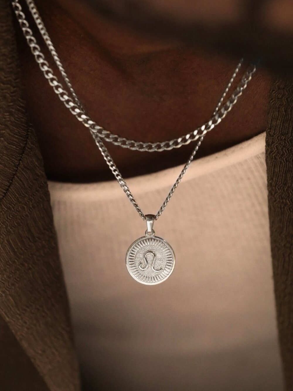 Men's Silver Leo Pendant Necklace Set